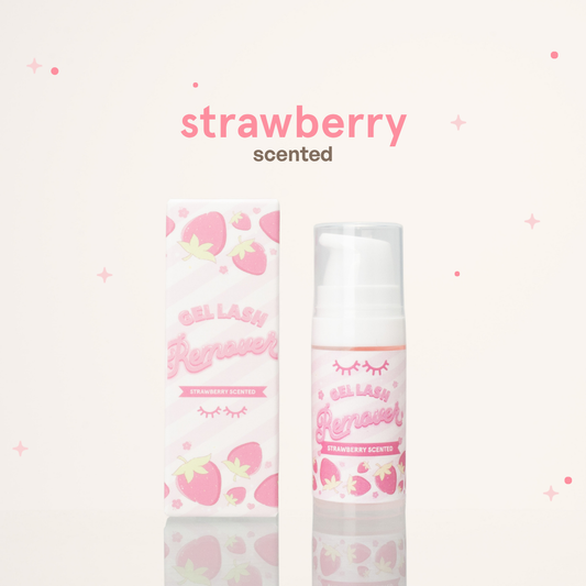 Strawberry scented gel lash remover beside its pink and white packaging.