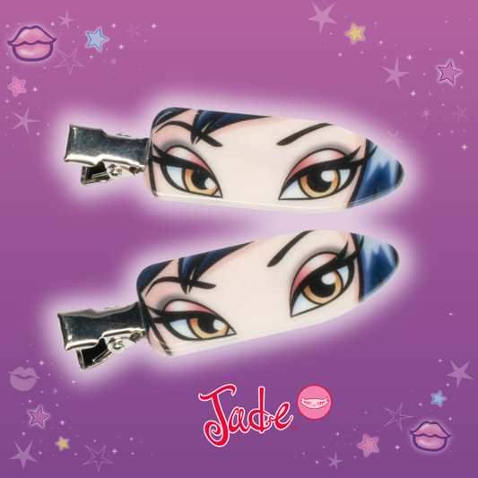 Jade Hair Clips with illustration of Bratz character Jade's eyes on a Bratz-themed purple background with stars and lip illustrations