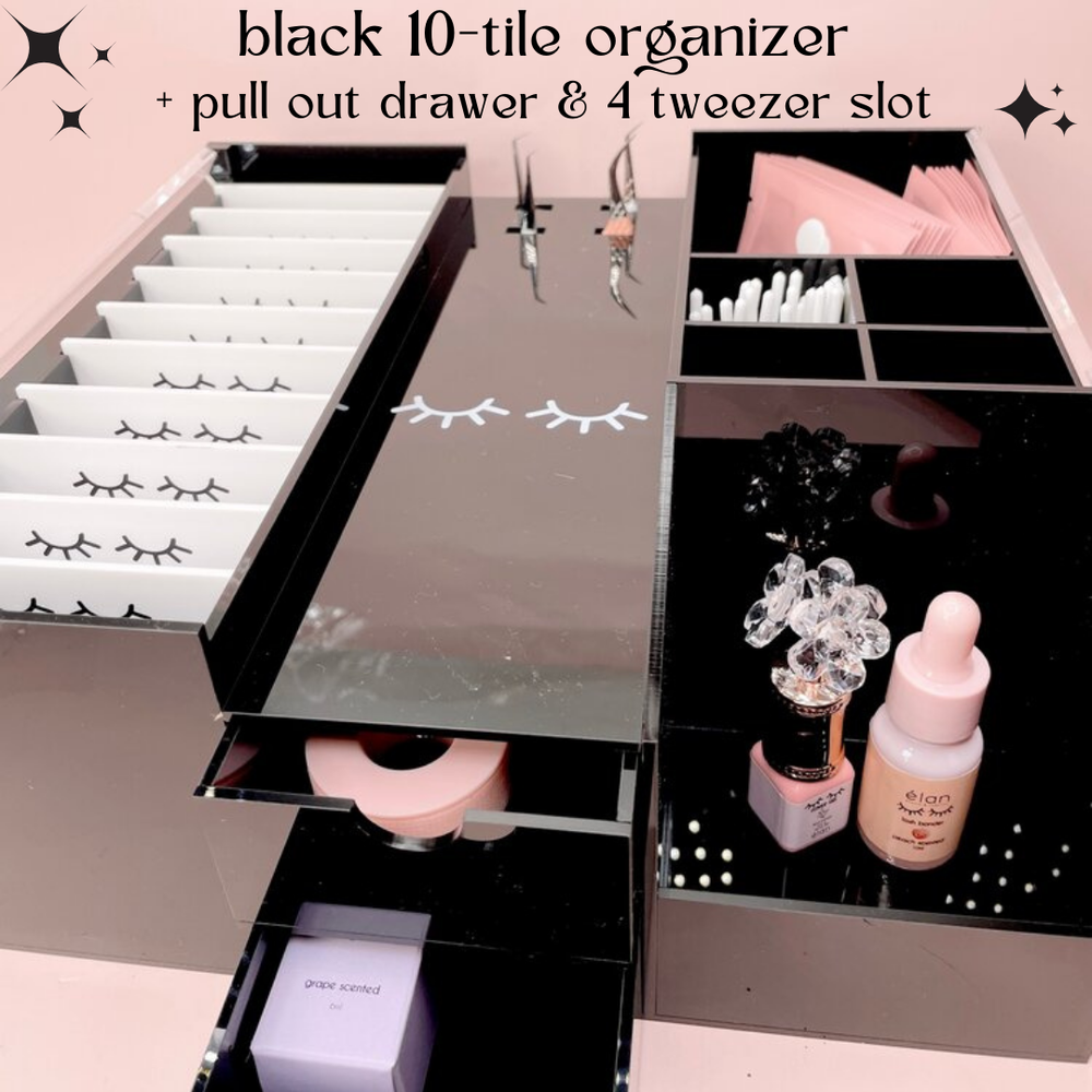 black 10-tile lash organizer - with drawer & 4 tweezer slots