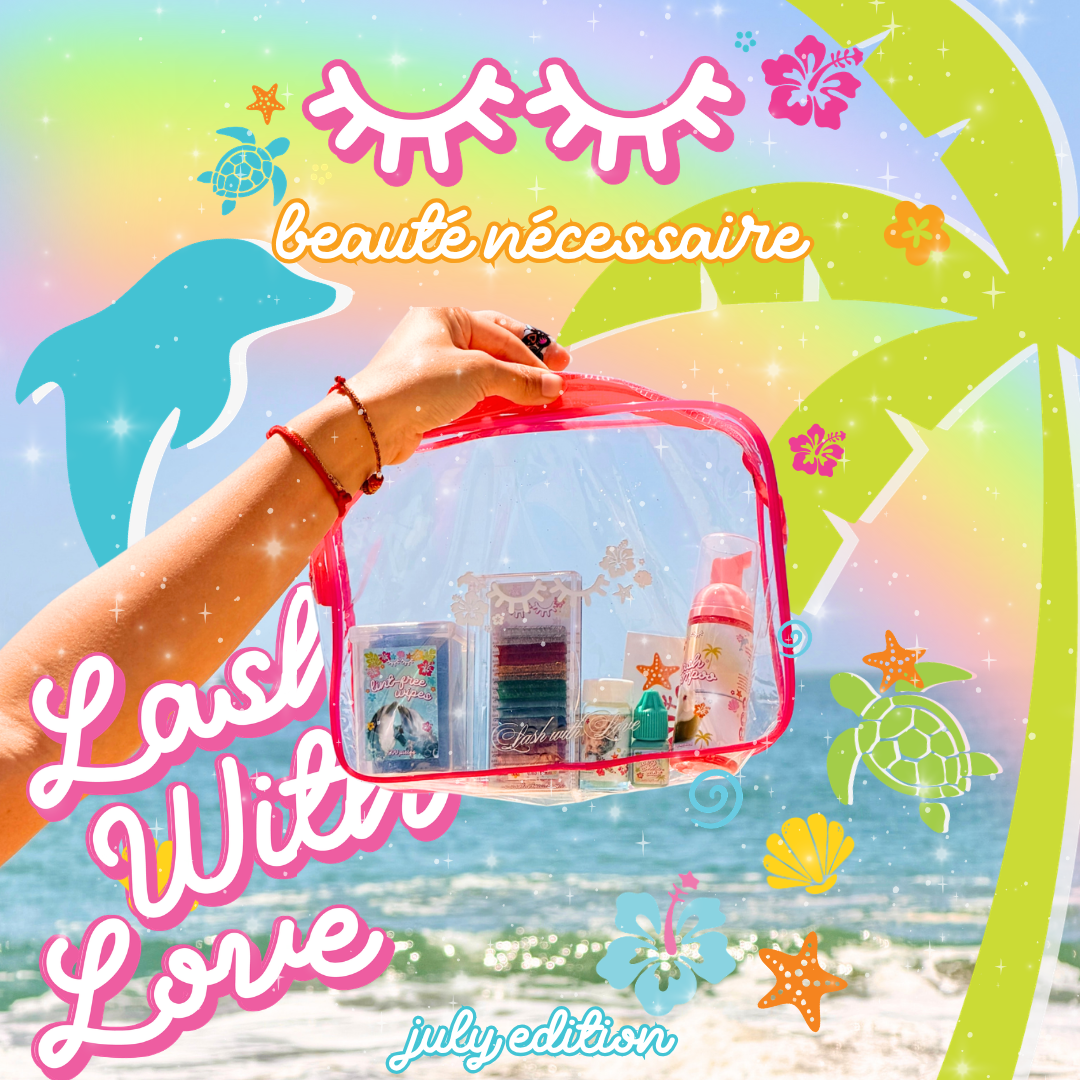 “Lash with Love” July edition featuring a clear travel bag filled with lash essentials, including lash shampoo, adhesive, wipes, and colorful lash supplies, set against a bright tropical beach background.