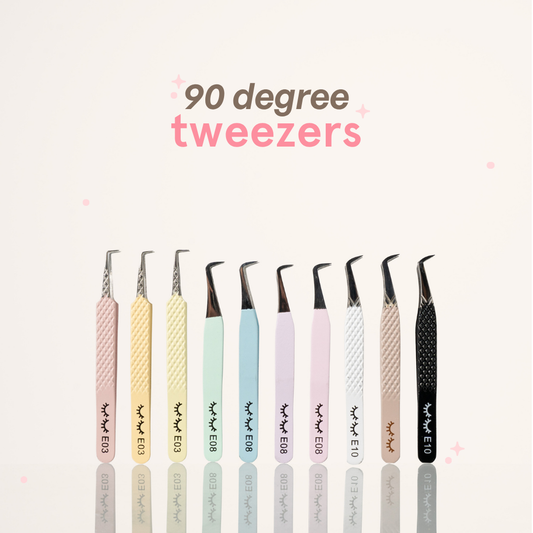 Set of 90 degree tweezers with different designs and colors on a light background