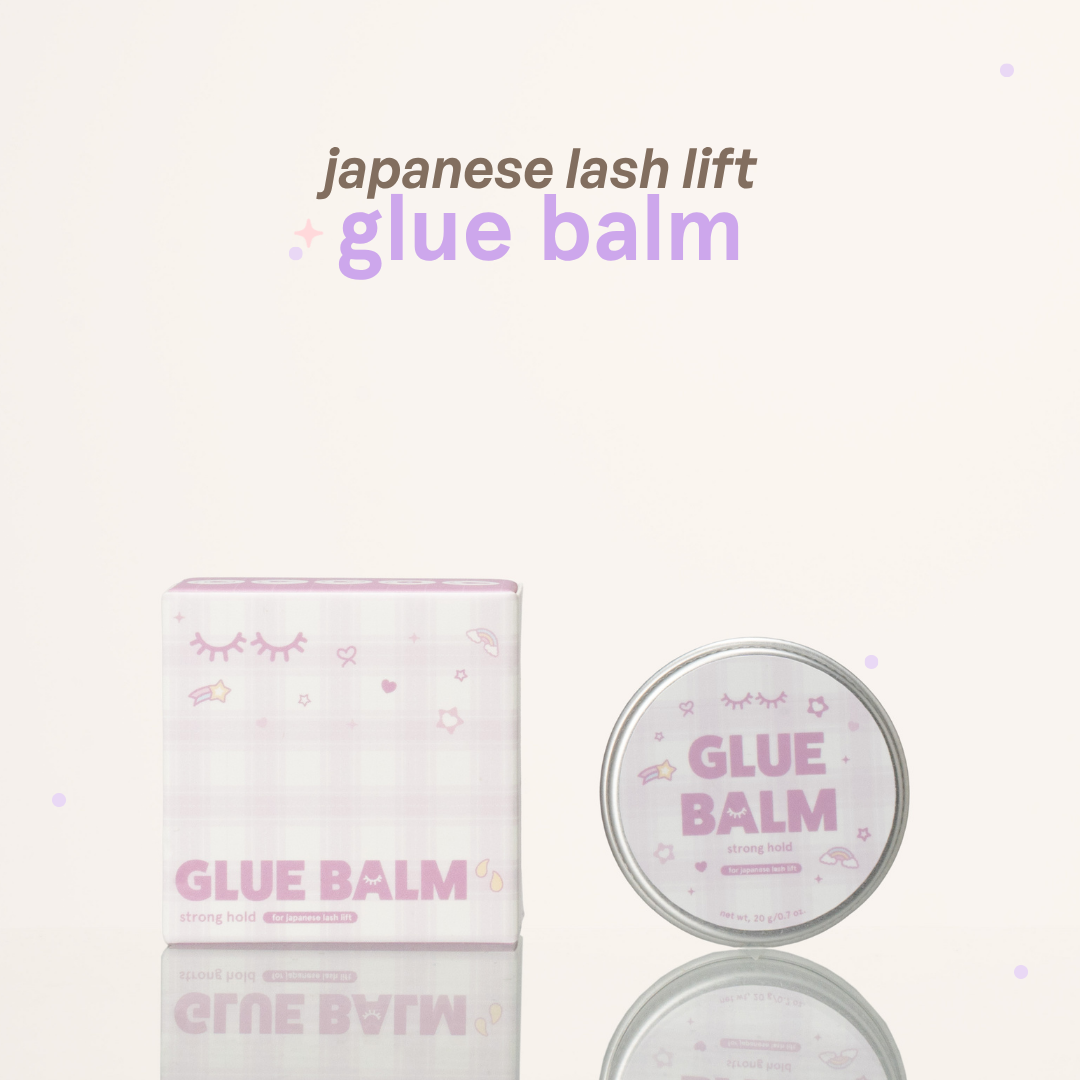 Japanese lash lift glue balm beside its pink-and-white product box on a white background.