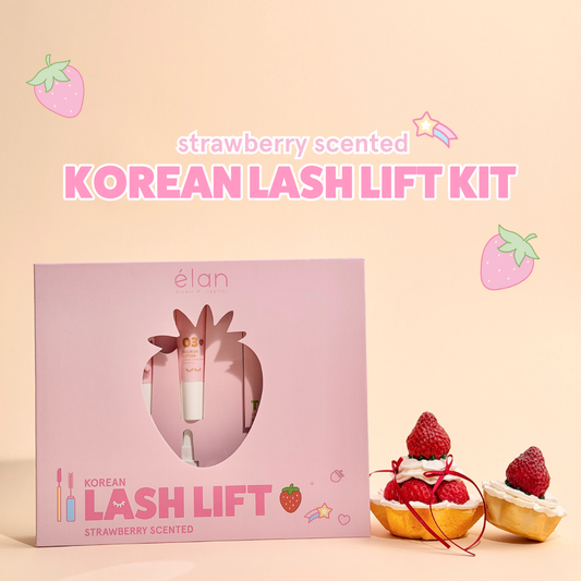 Strawberry scented Korean Lash Lift Kit in its pink packaging with strawberry pastries beside it.