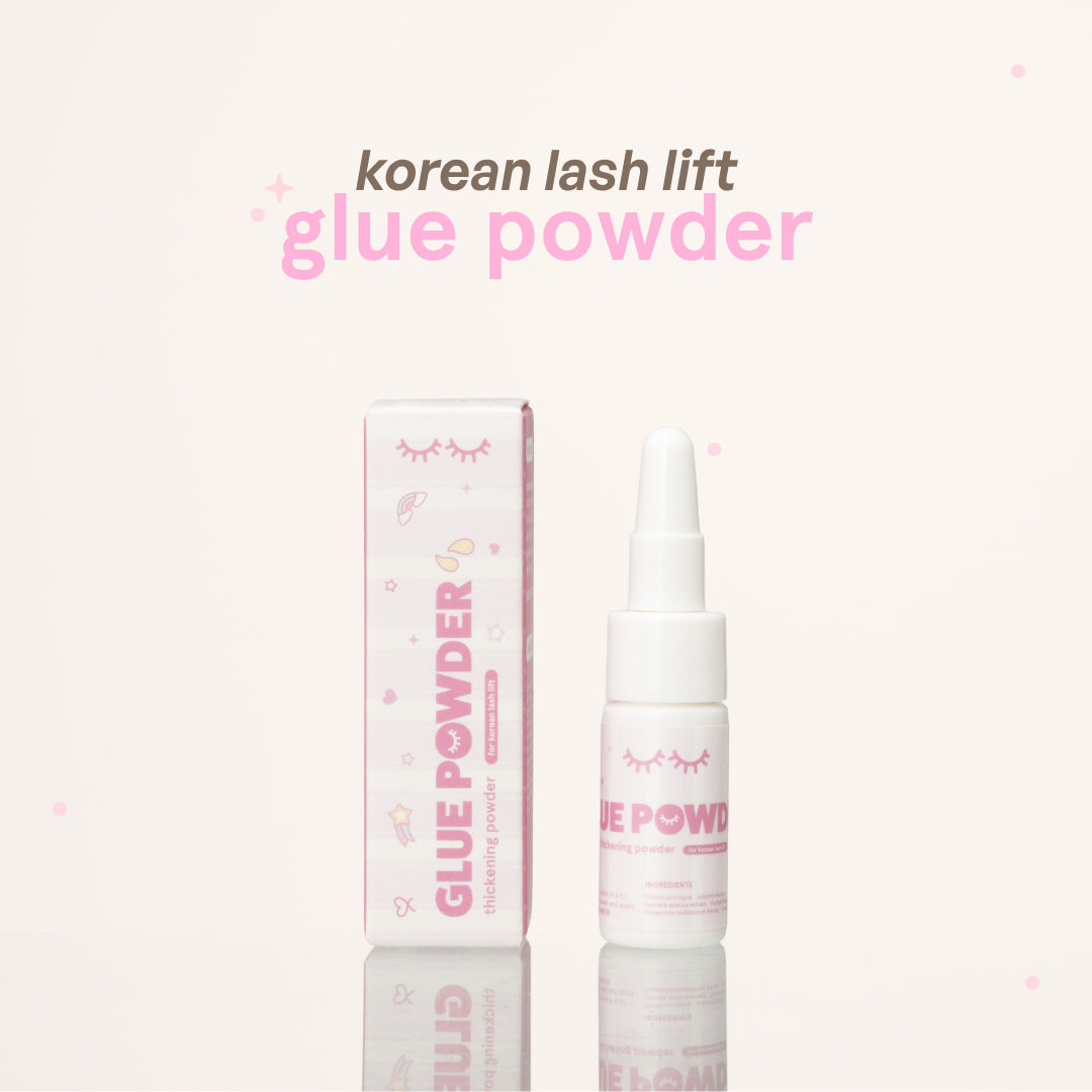 Korean Lash Lift glue powder beside its pink-and-white product box on a white background.