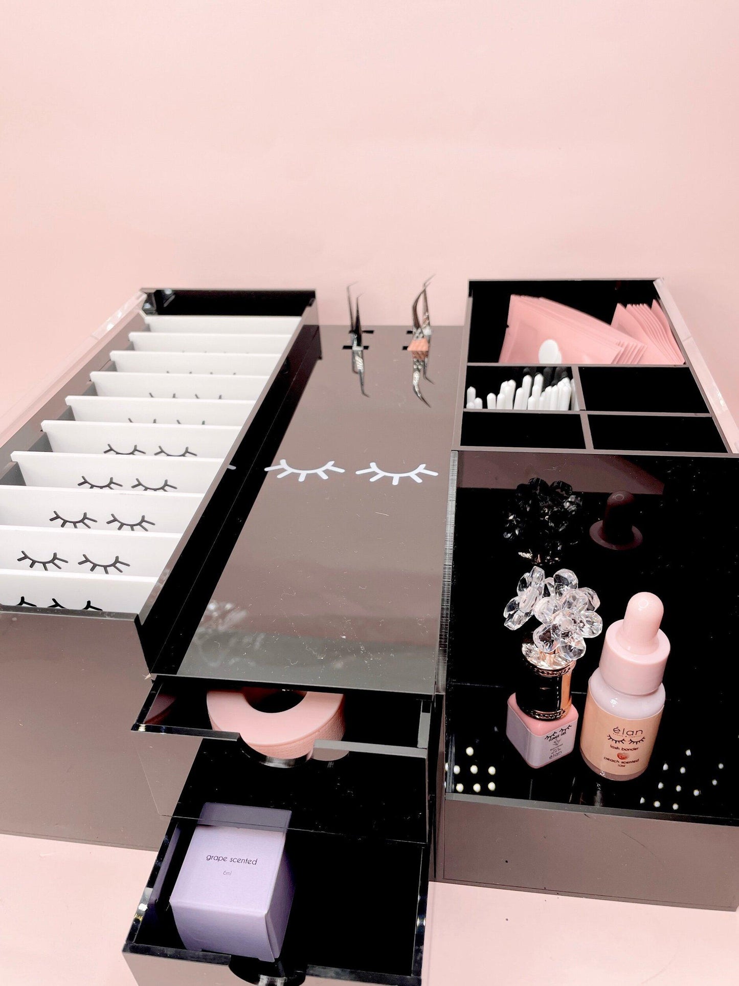 black 10-tile lash organizer - with drawer & 4 tweezer slots
