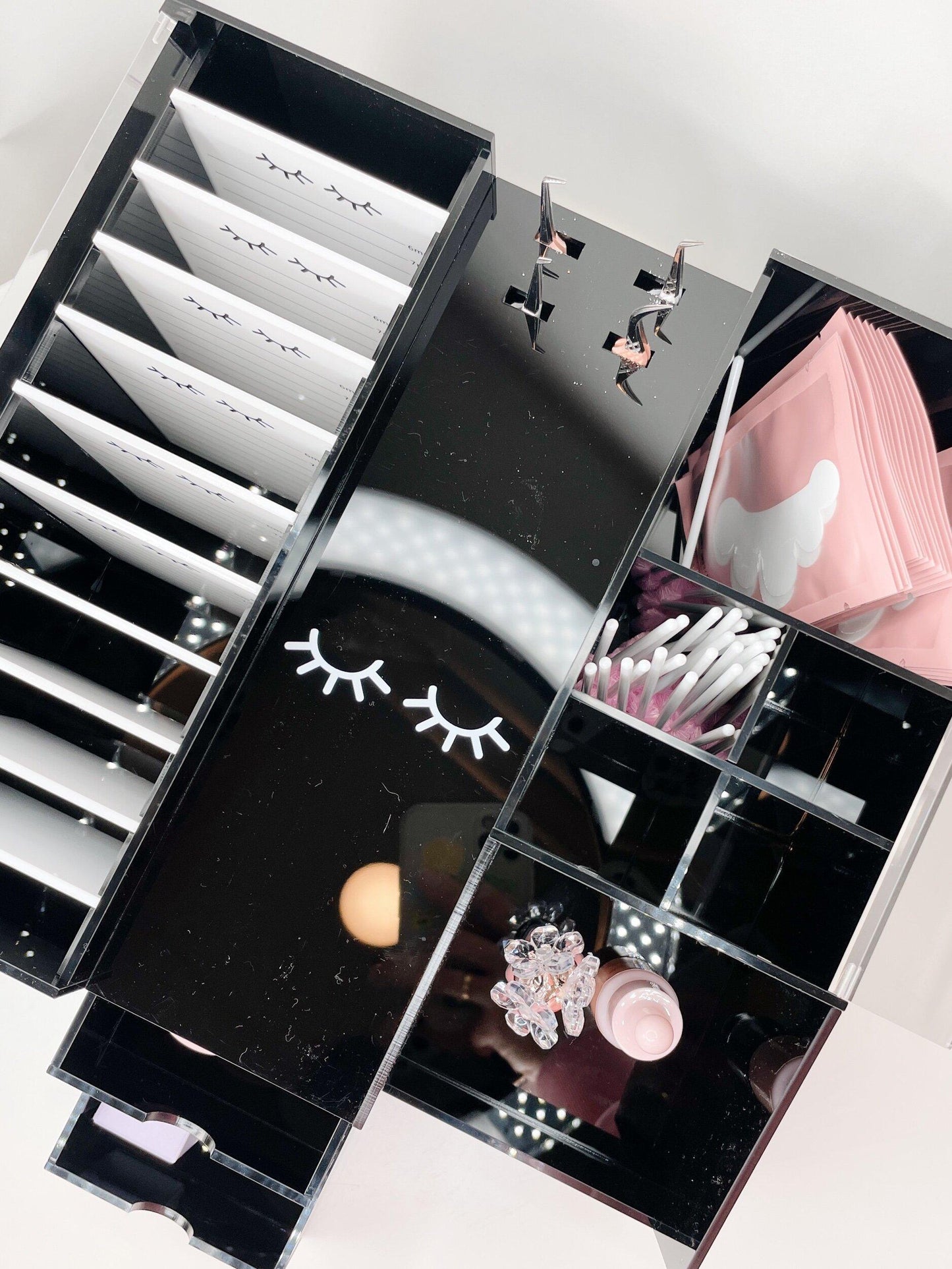 black 10-tile lash organizer - with drawer & 4 tweezer slots