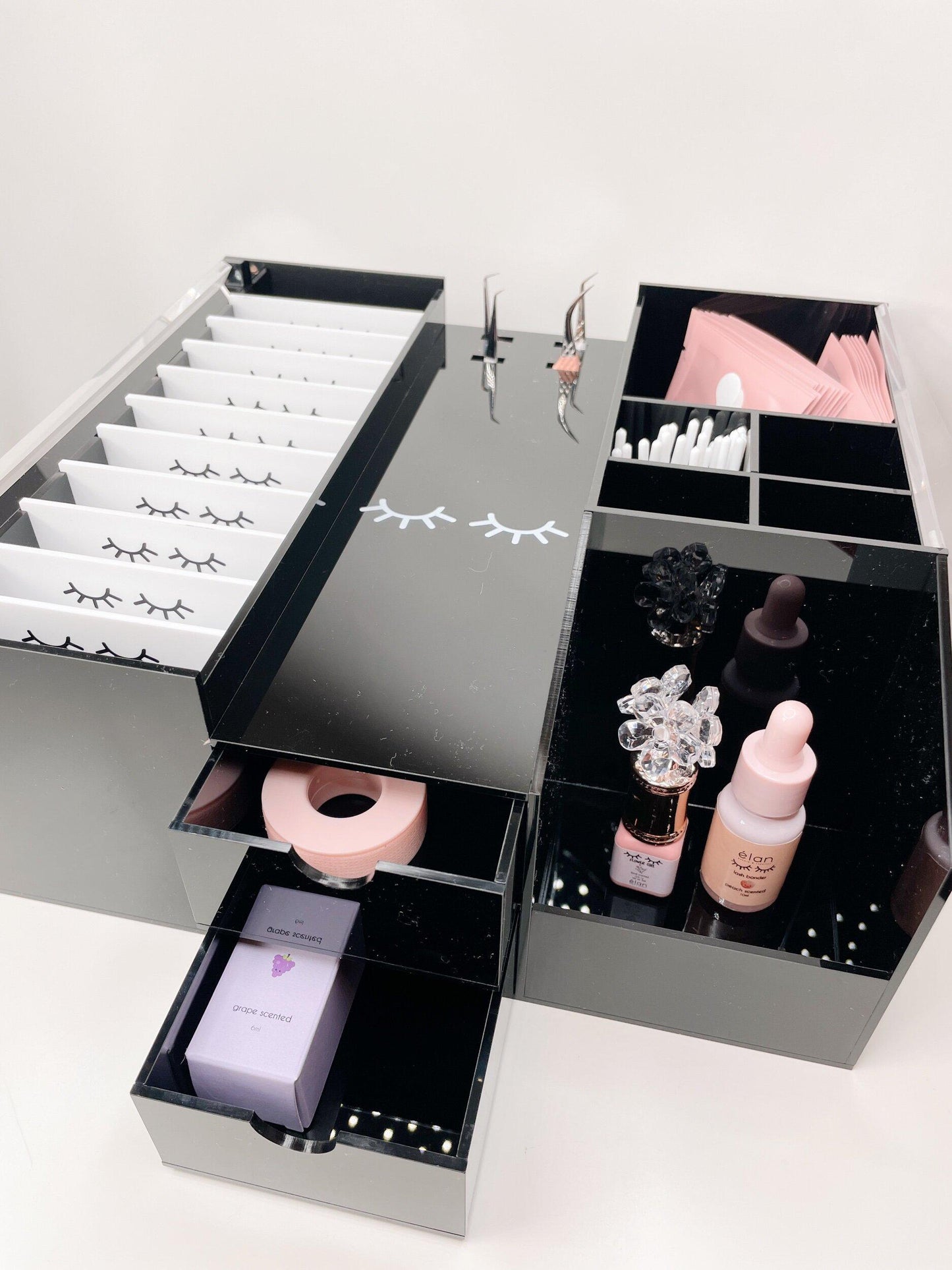 black 10-tile lash organizer - with drawer & 4 tweezer slots