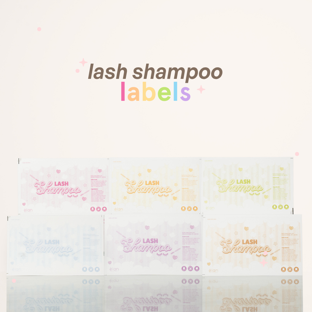 Lash shampoo labels featuring multiple pastel color options in pink, orange, yellow, blue, purple, and peach, displayed in a clean product layout on a cream background.