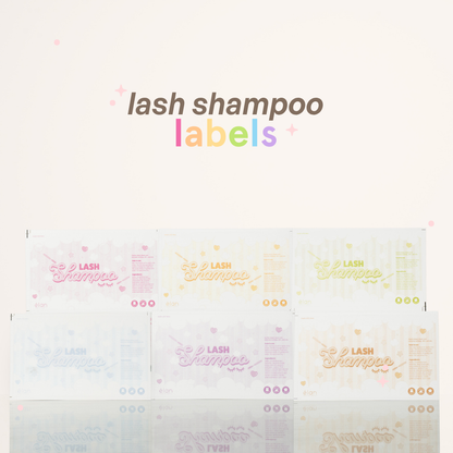 Lash shampoo labels featuring multiple pastel color options in pink, orange, yellow, blue, purple, and peach, displayed in a clean product layout on a cream background.
