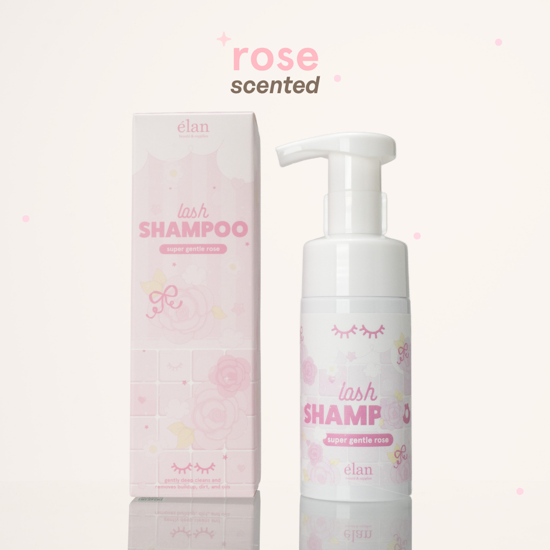 Rose-scented lash shampoo with soft pink floral packaging and a white foaming pump bottle.