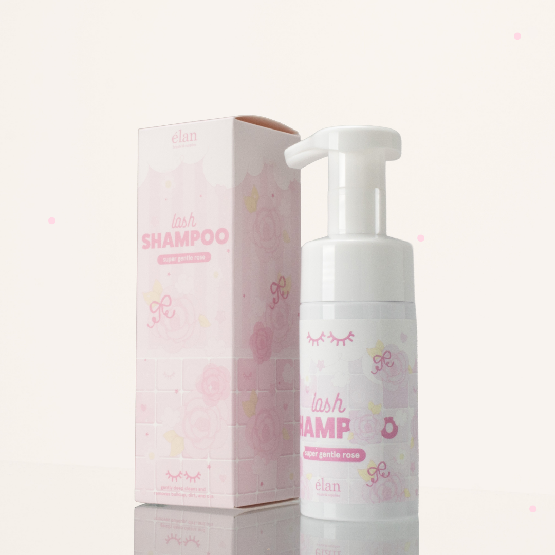 Rose-scented lash shampoo with soft pink floral packaging and a white foaming pump bottle.
