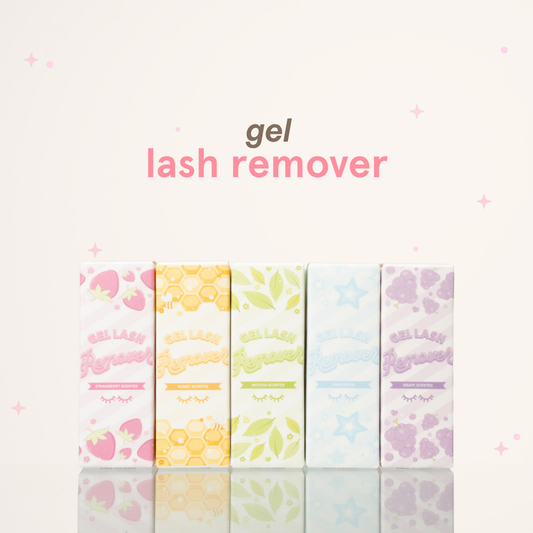 Gel lash remover featuring strawberry, honey, matcha, unscented, and grape scents.