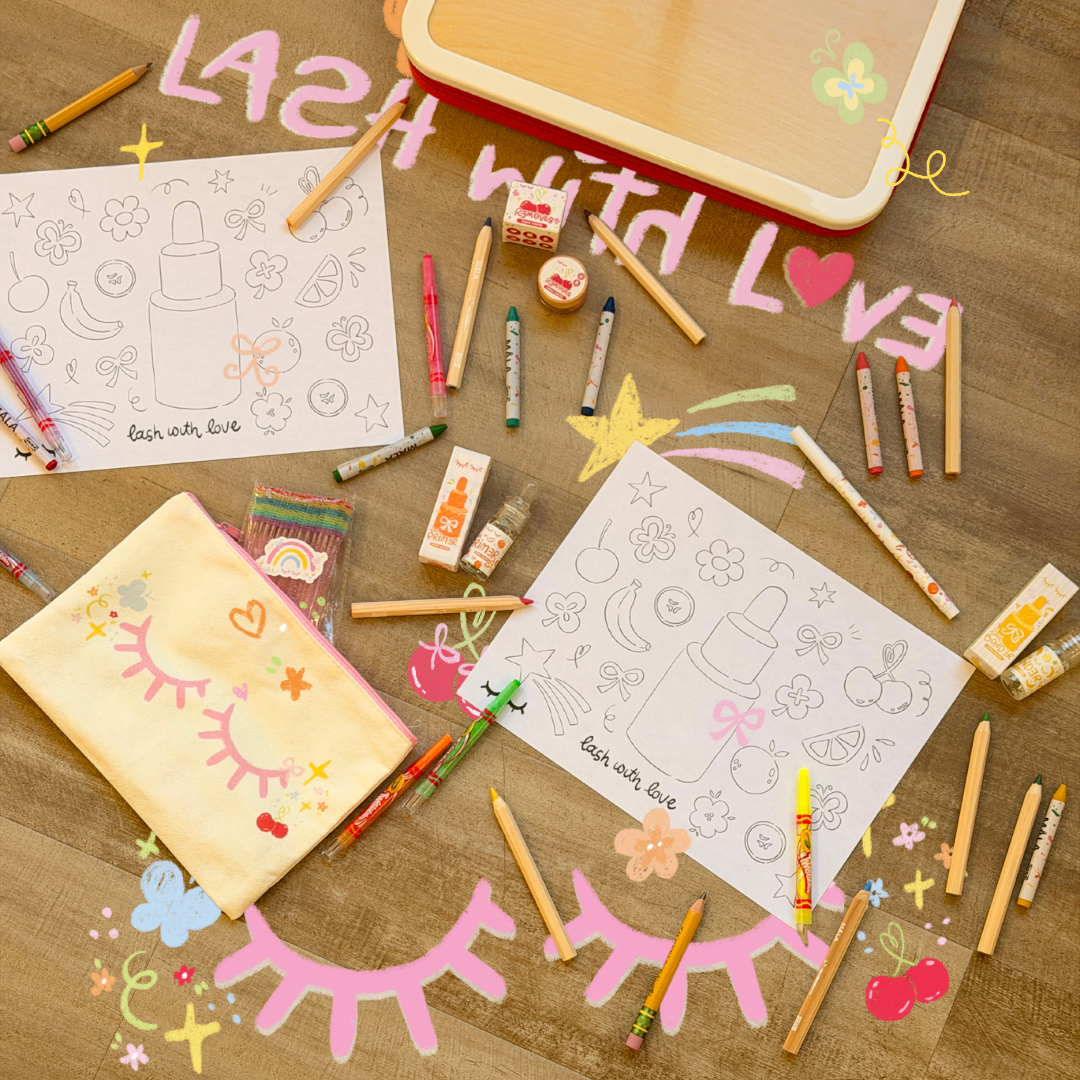 Back to School Bundle featuring colorful beauty accessories, playful school-themed graphics, and text saying 'Lash with Love'
