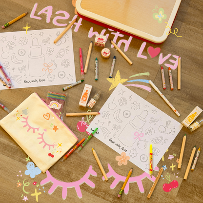 Back to School Bundle featuring colorful beauty accessories, playful school-themed graphics, and text saying 'Lash with Love'
