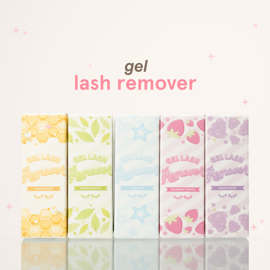 Gel lash remover packaging in honey, matcha, unscented, strawberry, and grape scented 