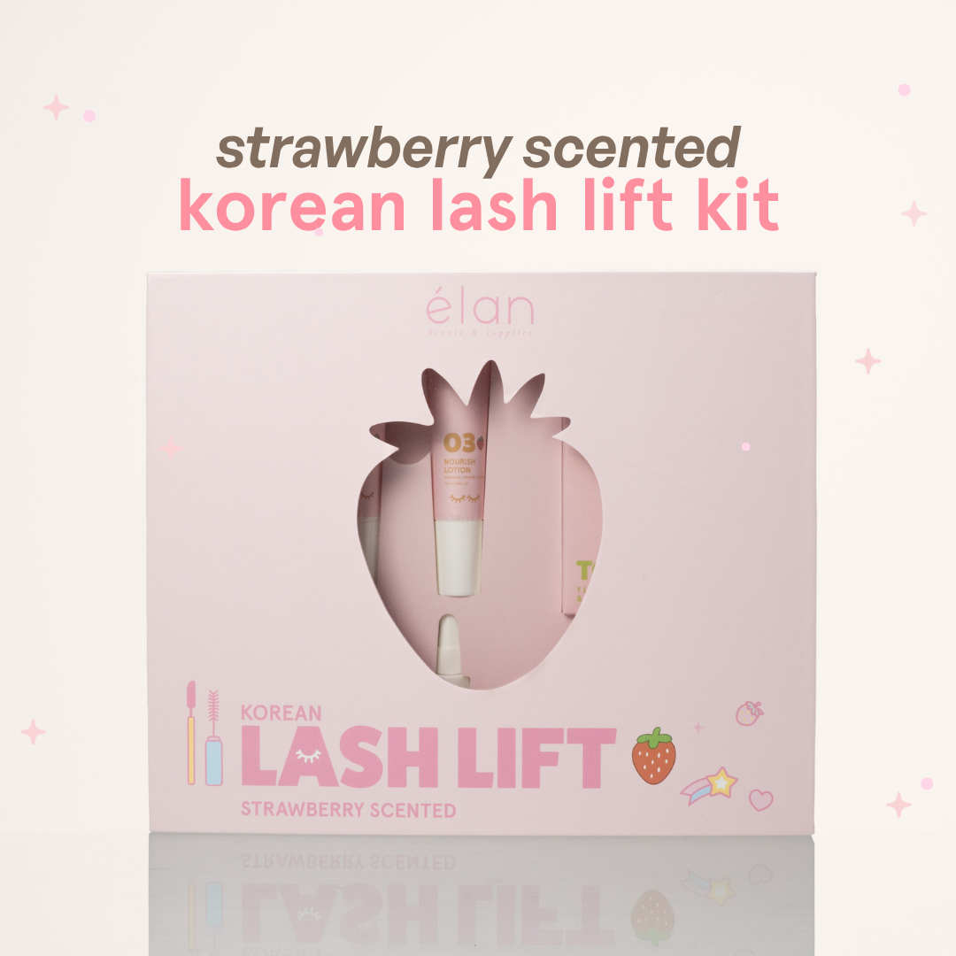 Strawberry scented Korean Lash Lift Kit in pink packaging with strawberry illustrations.