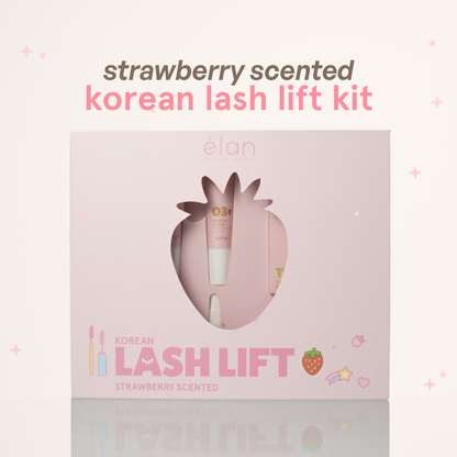 Strawberry scented Korean Lash Lift Kit in pink packaging with strawberry illustrations.