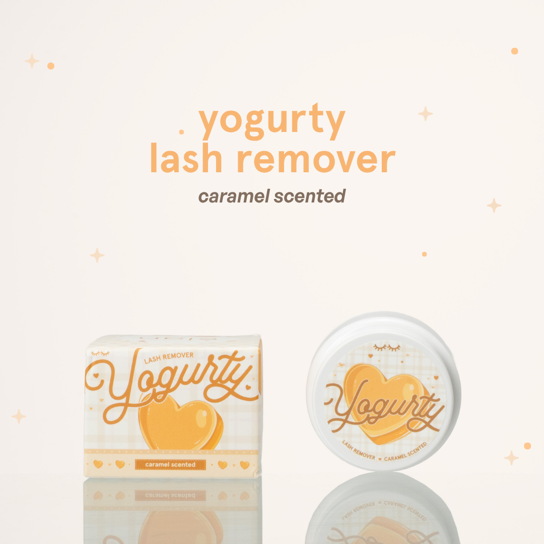 Caramel scented yogurty lash remover beside its brown-and-white packaging
