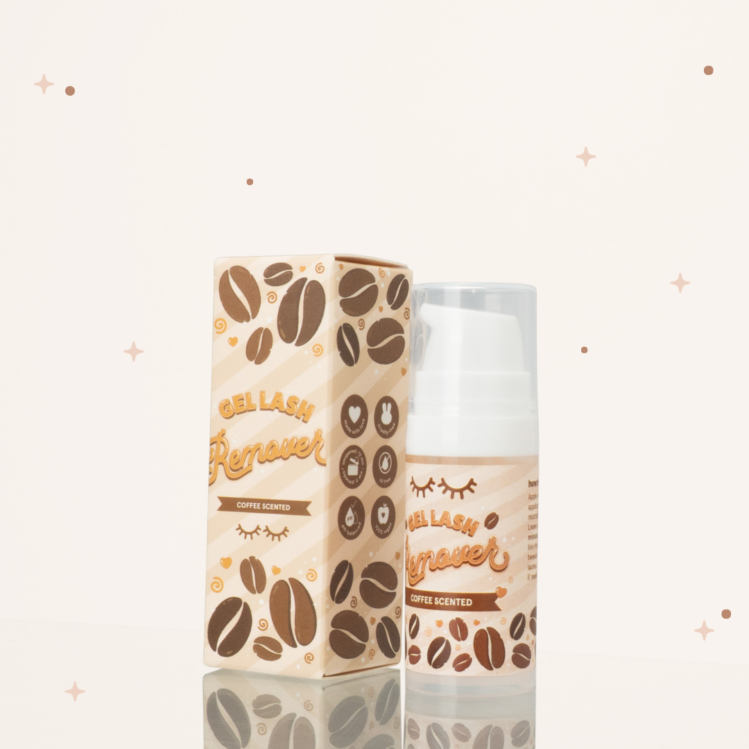 Side view of Coffee scented gel lash remover bottle beside its brown packaging with coffee bean illustrations on it