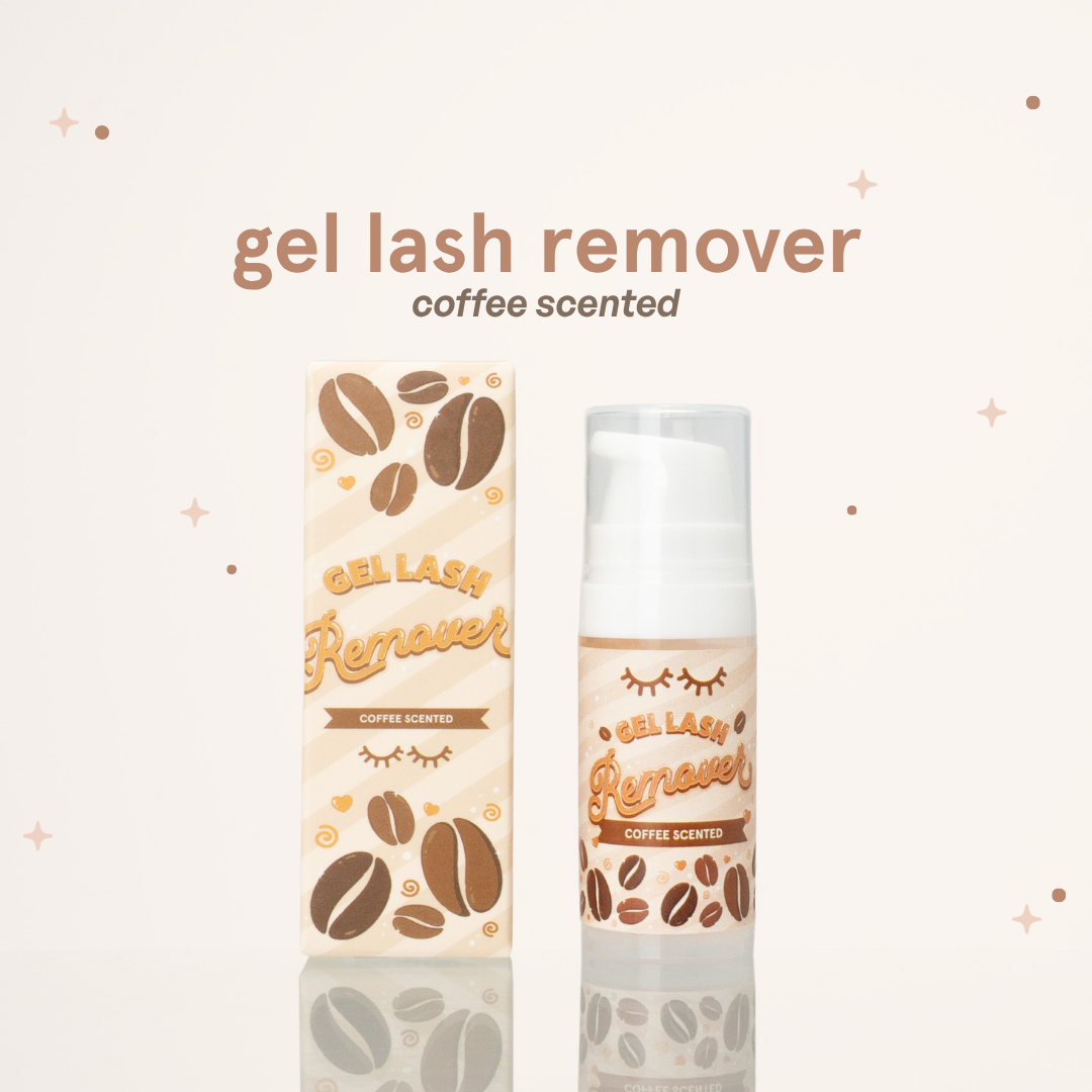 Coffee scented gel lash remover bottle beside its brown packaging with coffee bean illustrations on it