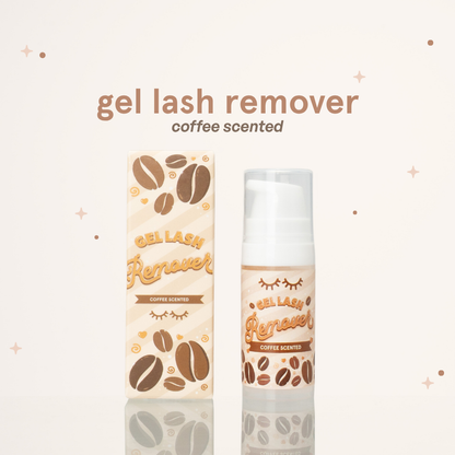 Coffee scented gel lash remover bottle beside its brown packaging with coffee bean illustrations on it