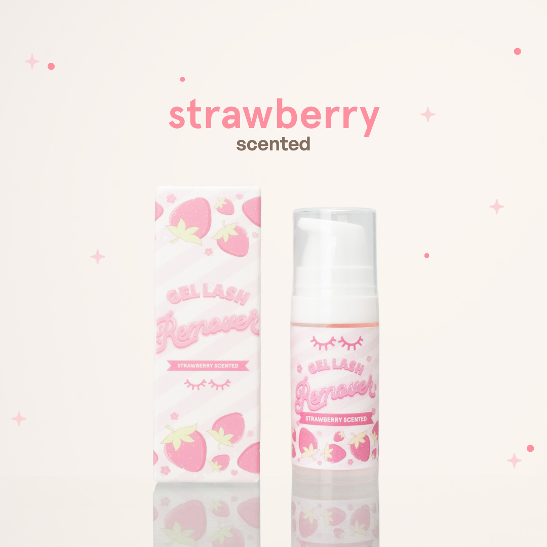 Strawberry scented gel lash remover beside its pink and white packaging.