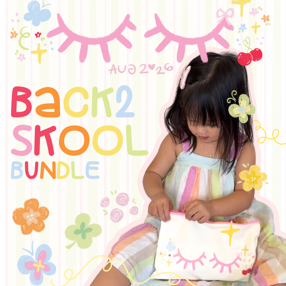 Back to School Bundle banner featuring a child with a canvas lash pouch and playful school-themed graphics.