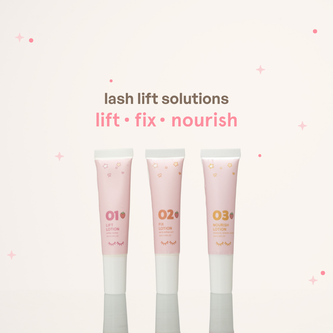 Lash lift solutions with 01 Lift Lotion, 02 Fix Lotion, and 03 Nourish Lotion.
