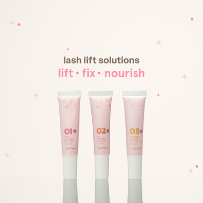 Lash lift solutions with 01 Lift Lotion, 02 Fix Lotion, and 03 Nourish Lotion.
