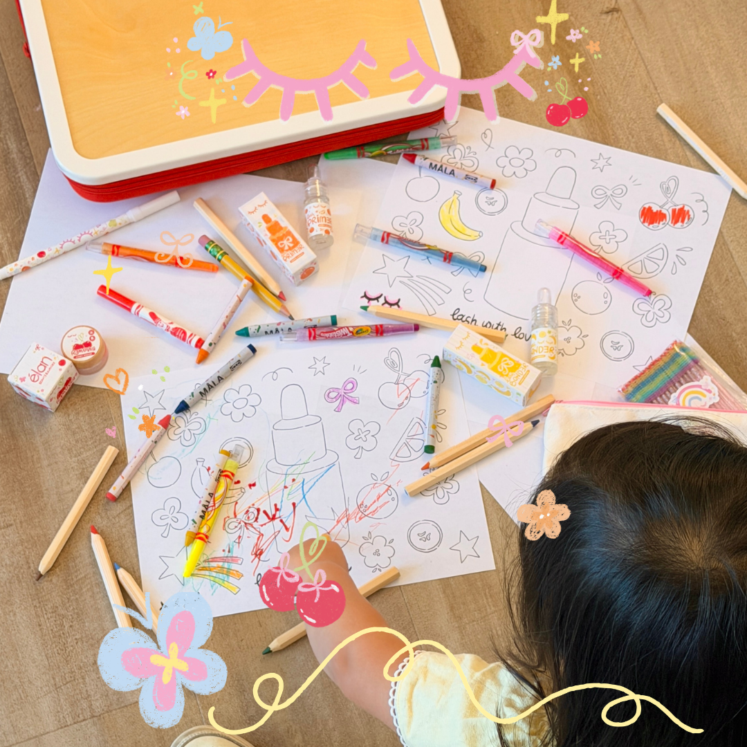 Back to School image featuring a child with colorful lash accessories, and playful school-themed graphics.
