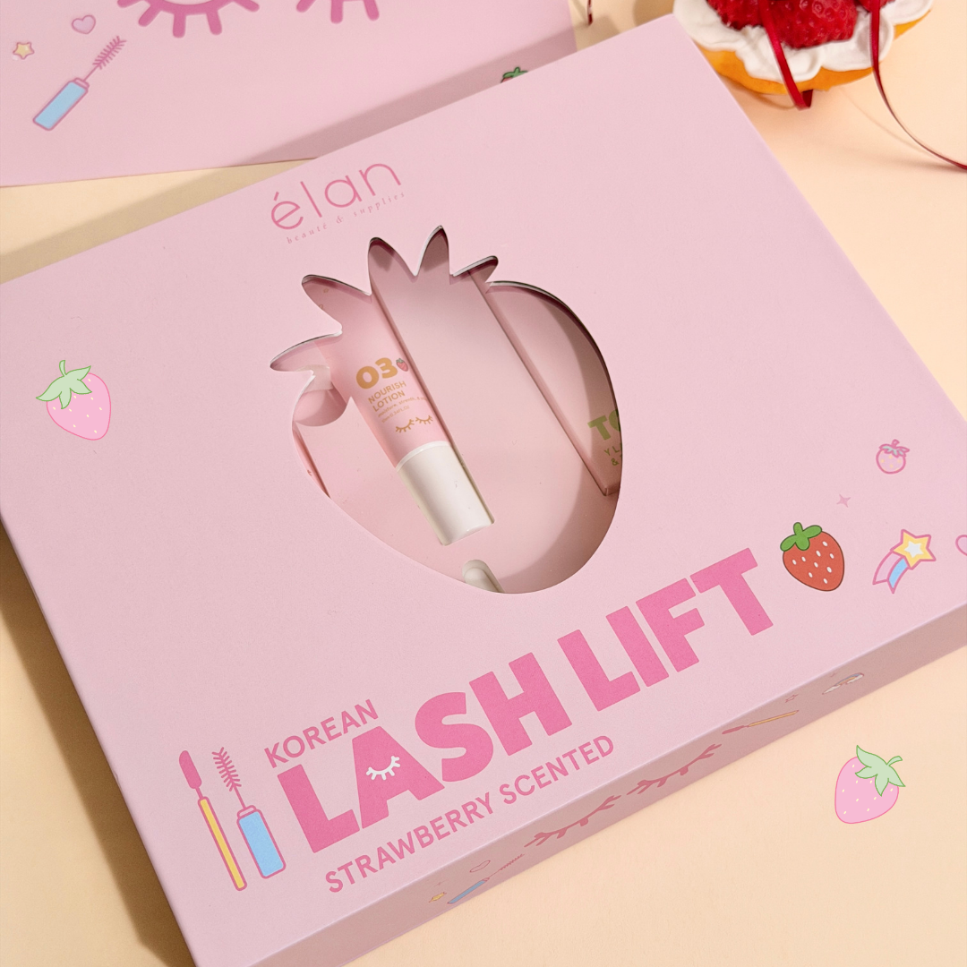 Strawberry scented Korean Lash Lift Kit in its pink packaging with strawberry illustrations on it.