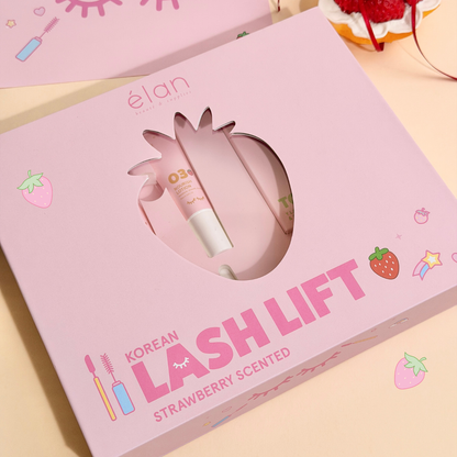 Strawberry scented Korean Lash Lift Kit in its pink packaging with strawberry illustrations on it.