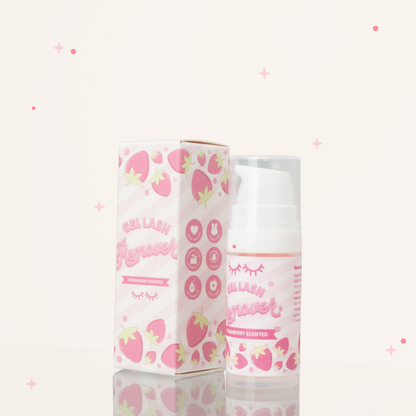 Side view of strawberry scented gel lash remover beside its pink and white packaging.