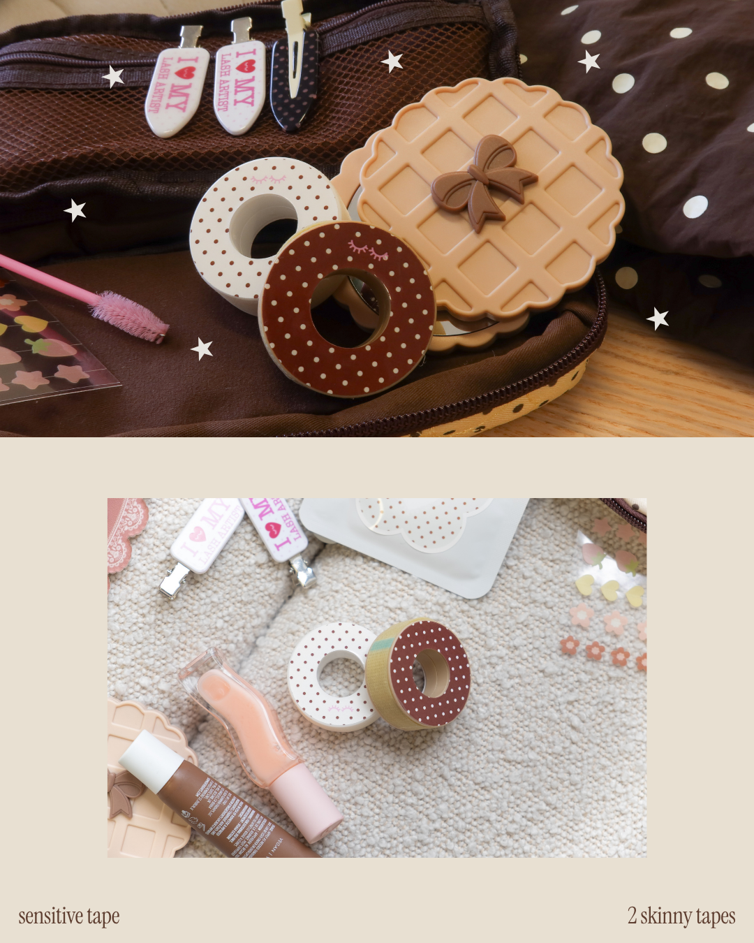 Sensitive lash tape and two skinny tape rolls in brown and white polka-dot designs, styled with lash accessories, clips, and a bow-shaped pocket mirror in a cozy brown setup.