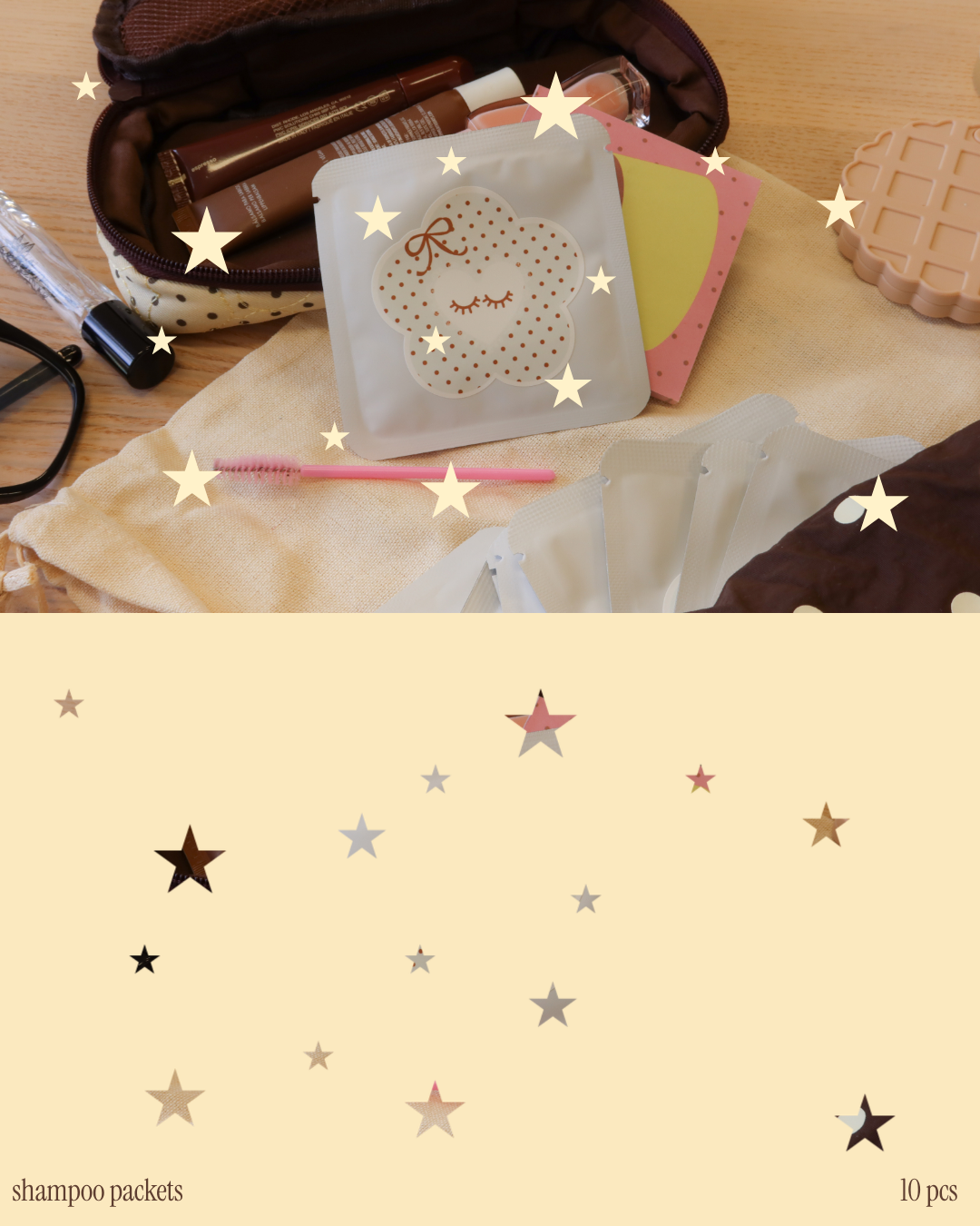 Lash shampoo packets in white packaging with a brown polka-dot floral design, styled with a pink spoolie, lash supplies, and cozy brown accessories; 10 pieces included.