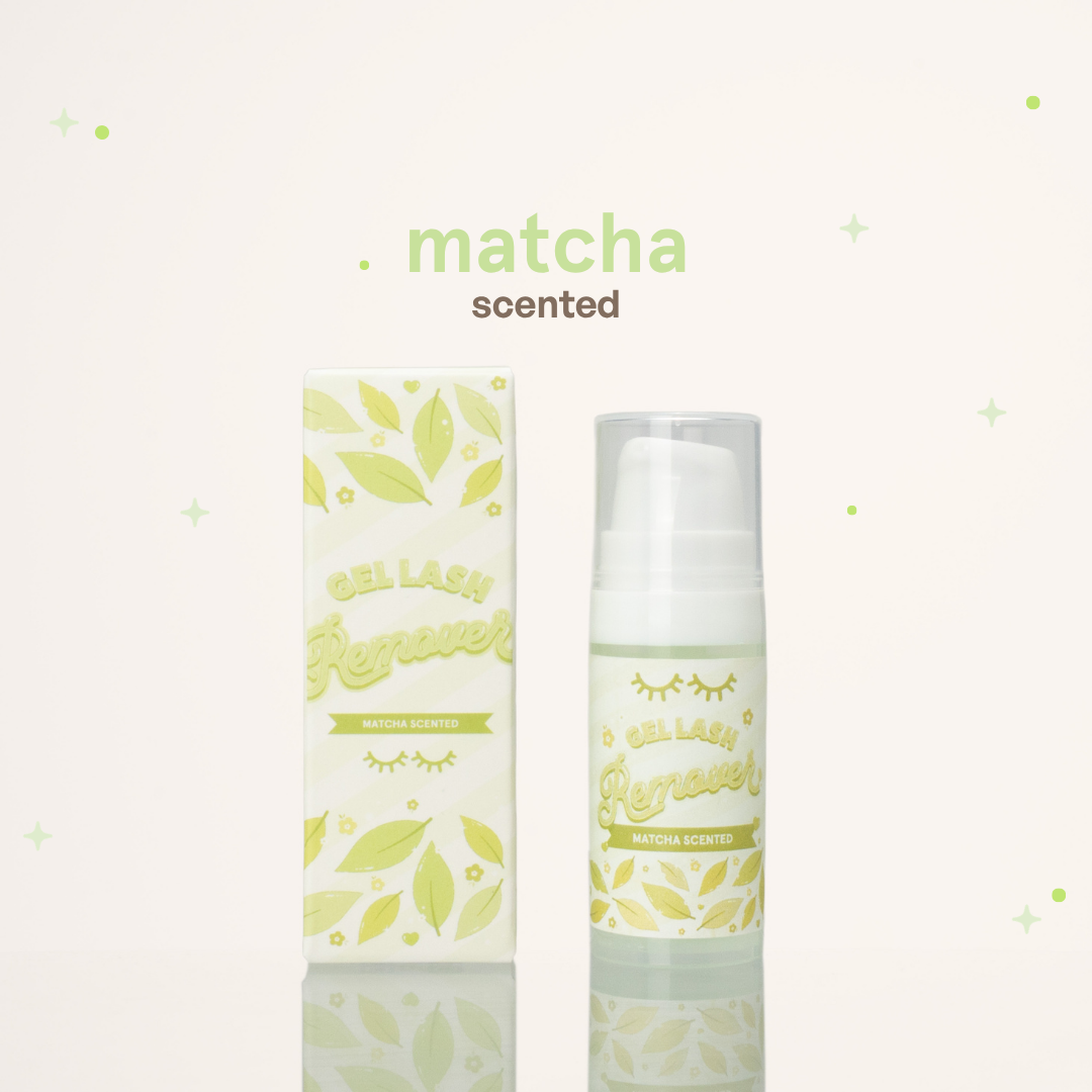 Matcha scented gel lash remover beside its green and white packaging.