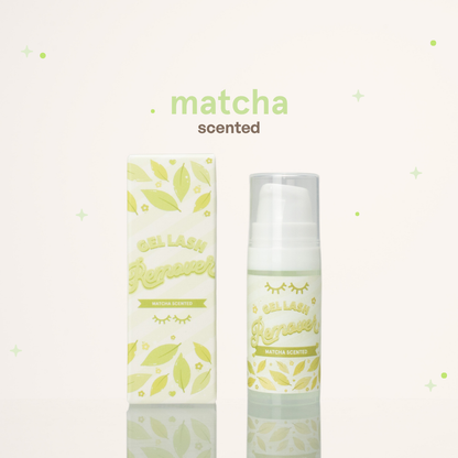 Matcha scented gel lash remover beside its green and white packaging.