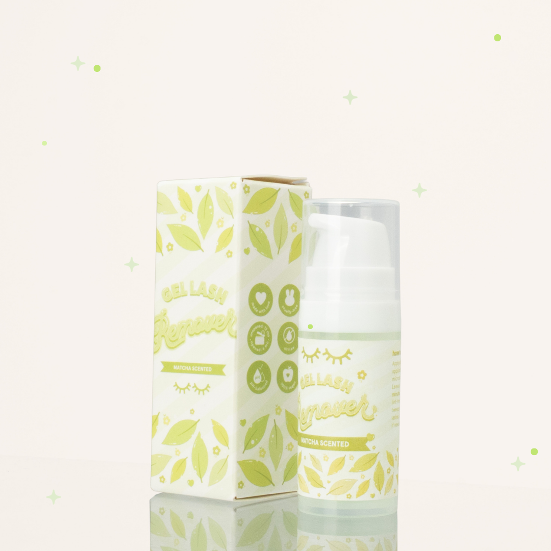 Side view of Matcha scented gel lash remover beside its green and white packaging.