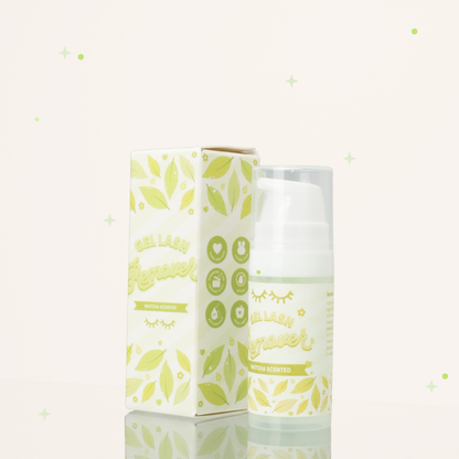 Side view of Matcha scented gel lash remover beside its green and white packaging.