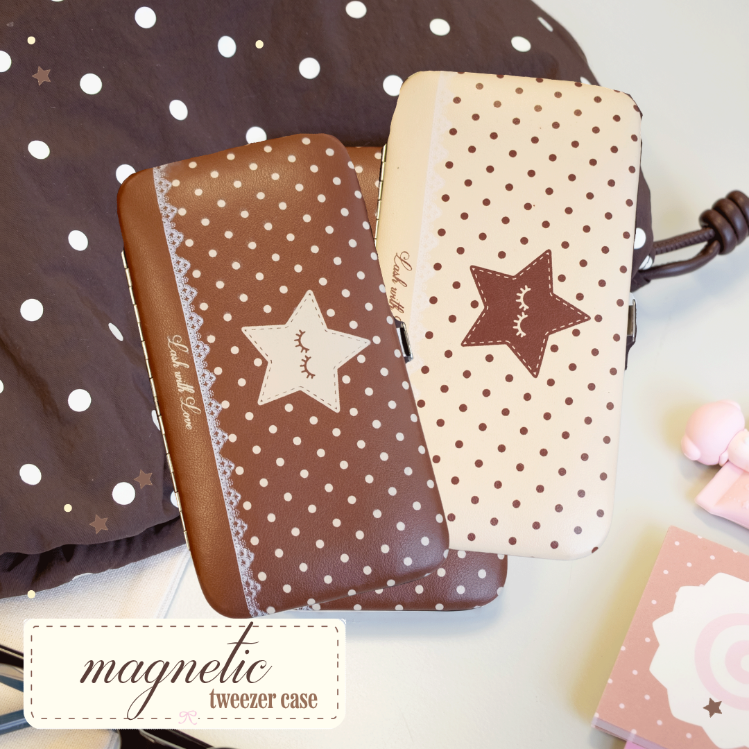 Magnetic tweezer cases in brown-and-white polka dots and cream-and-brown polka dots. 