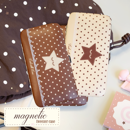 Magnetic tweezer cases in brown-and-white polka dots and cream-and-brown polka dots. 
