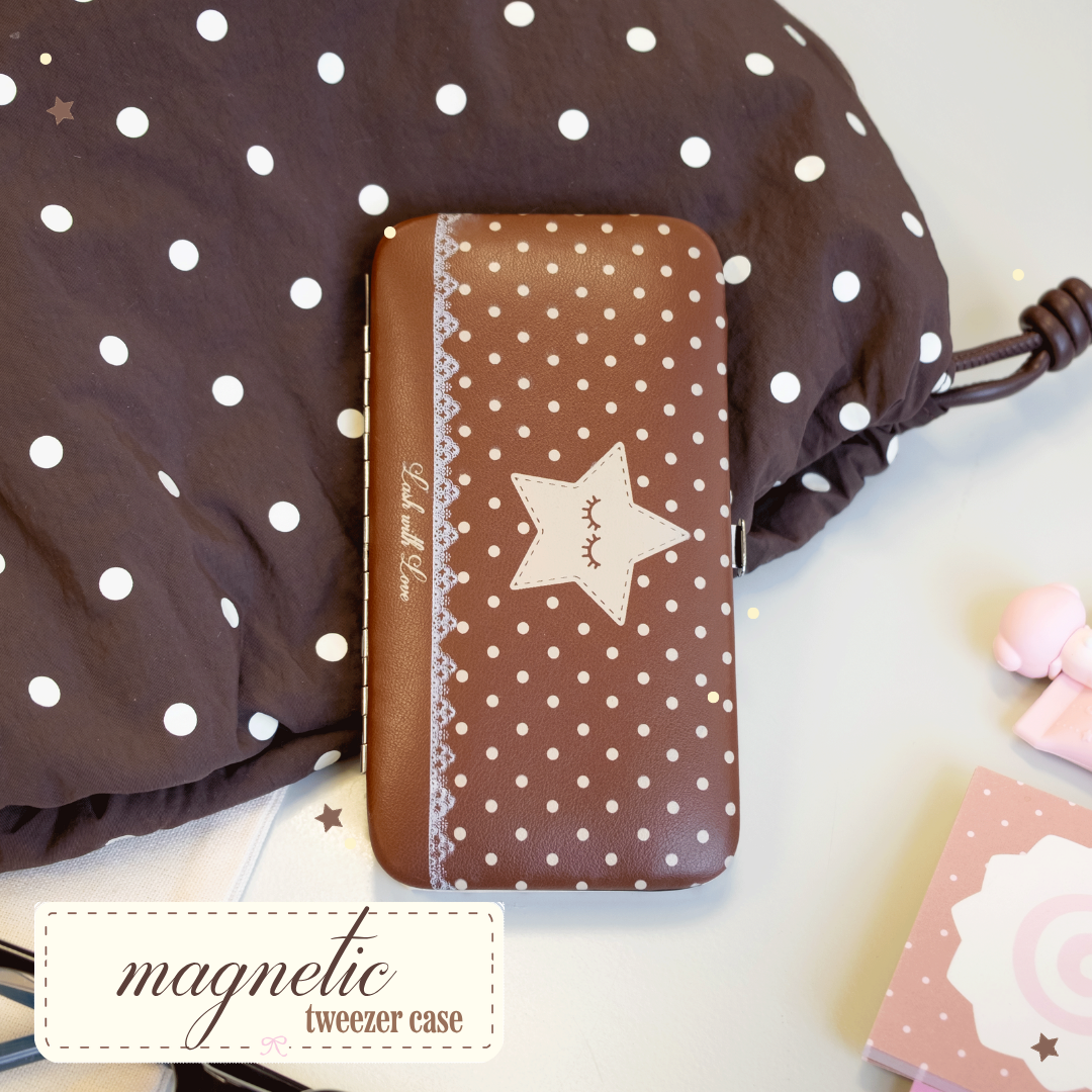 Magnetic tweezer case in brown with white polka dots and a star illustrated with text saying "Lash with Love" on it. 