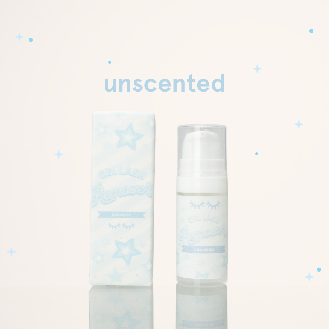Unscented gel lash remover beside its blue and white packaging.
