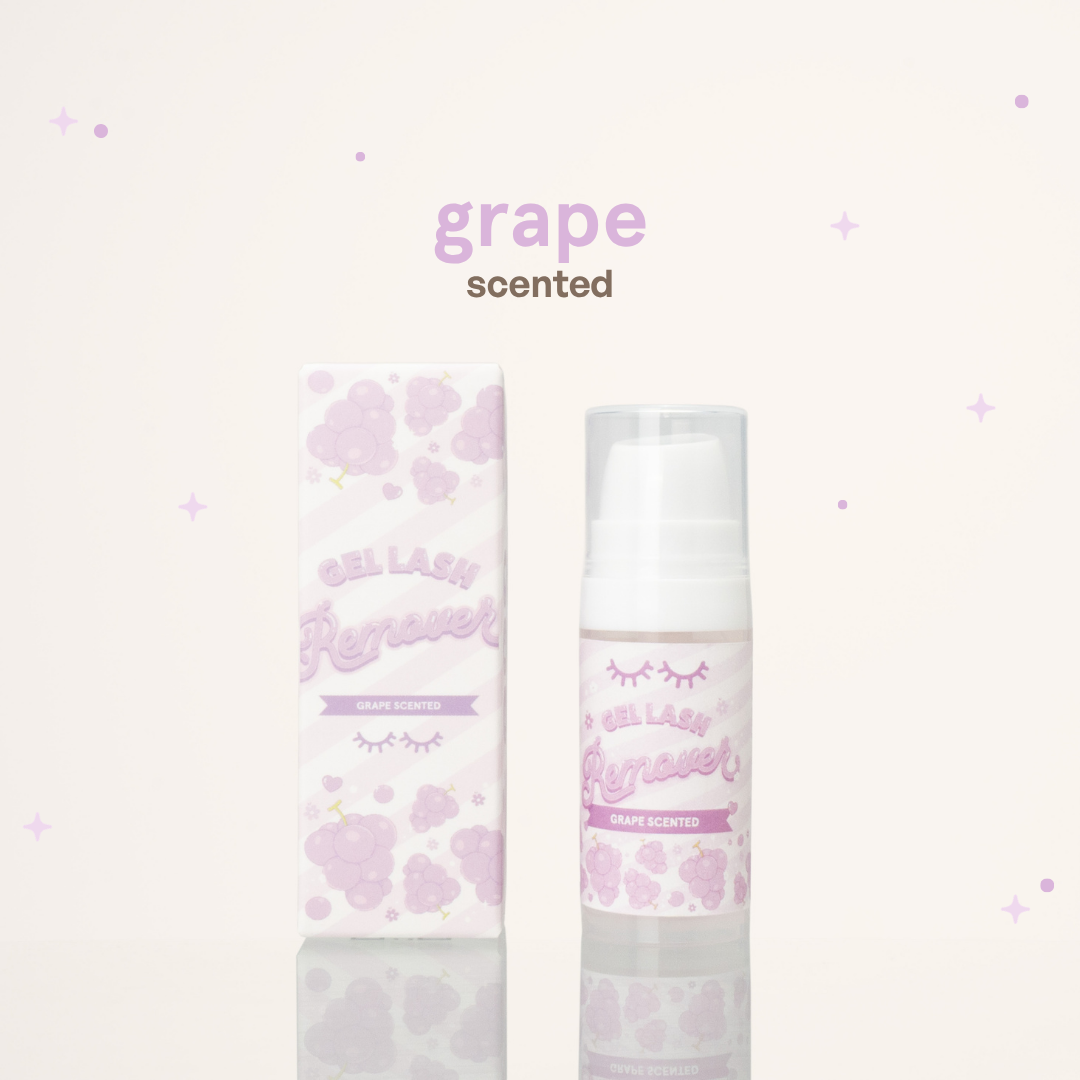 Grape scented gel lash remover in its container next to its purple and white packaging.