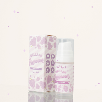 Grape scented gel lash remover in its container next to its purple and white packaging.