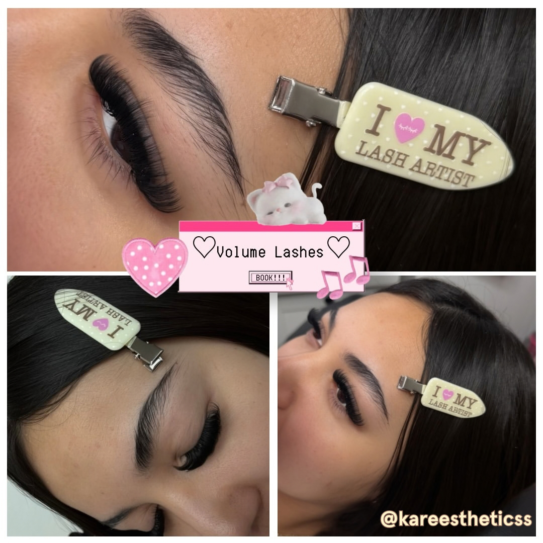 Volume lash extensions shown from multiple angles with a yellow “I Love My Lash Artist” hair clip securing the client’s dark hair.