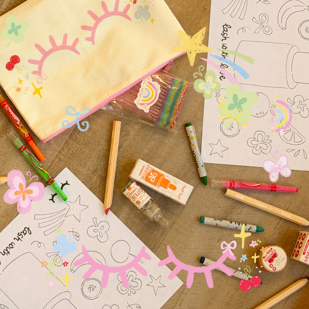 Back to School bundle with a canvas lash pouch, rainbow eyelash spoolies, lash primer, pencils, and a beauty-themed activity sheet.