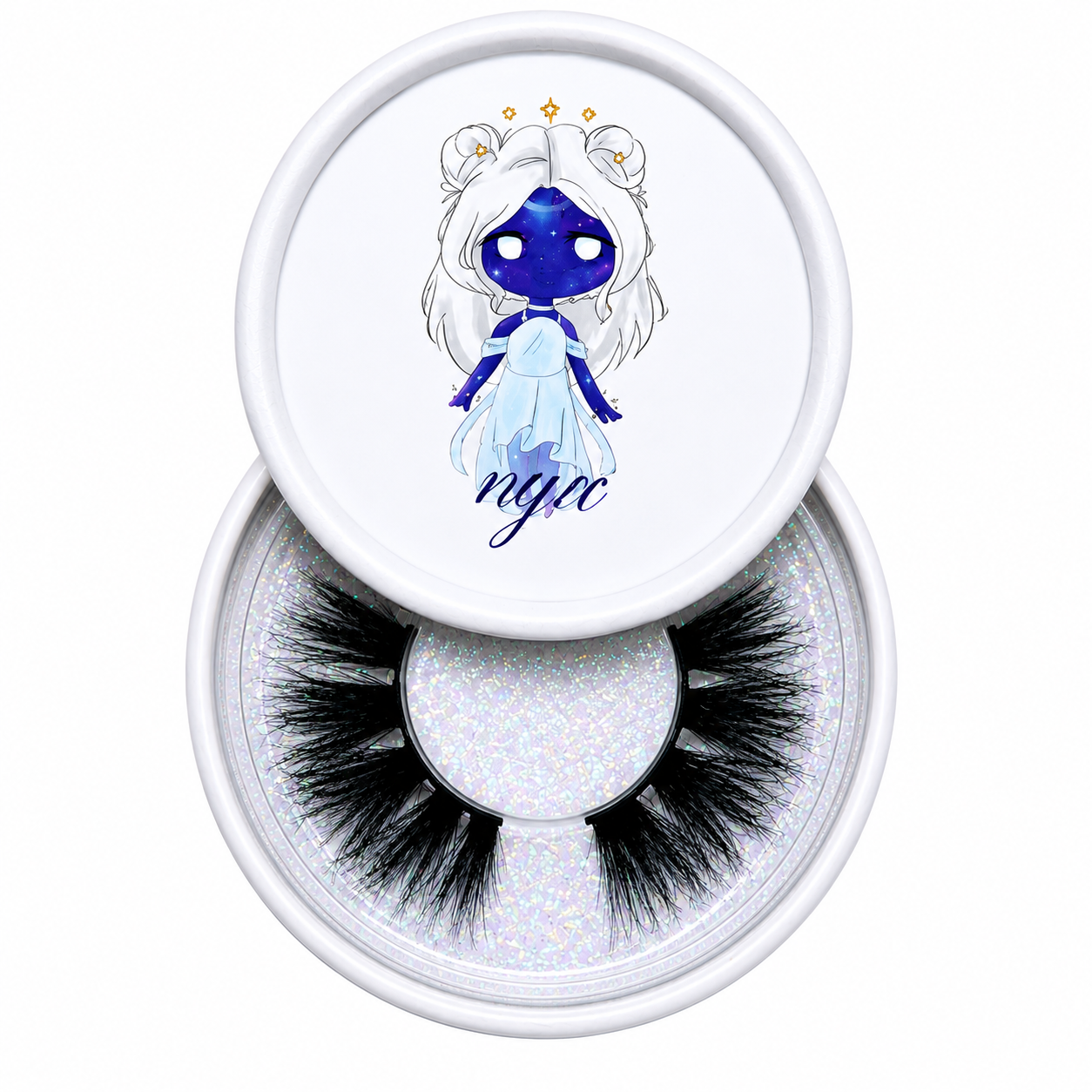 Nya false eyelashes in a clear round case beside an illustrated character lid on a white background