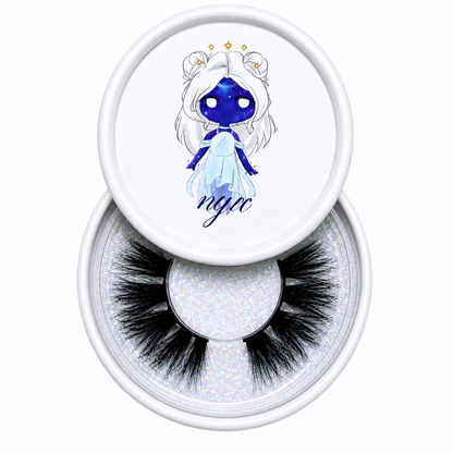 Nya false eyelashes in a clear round case beside an illustrated character lid on a white background