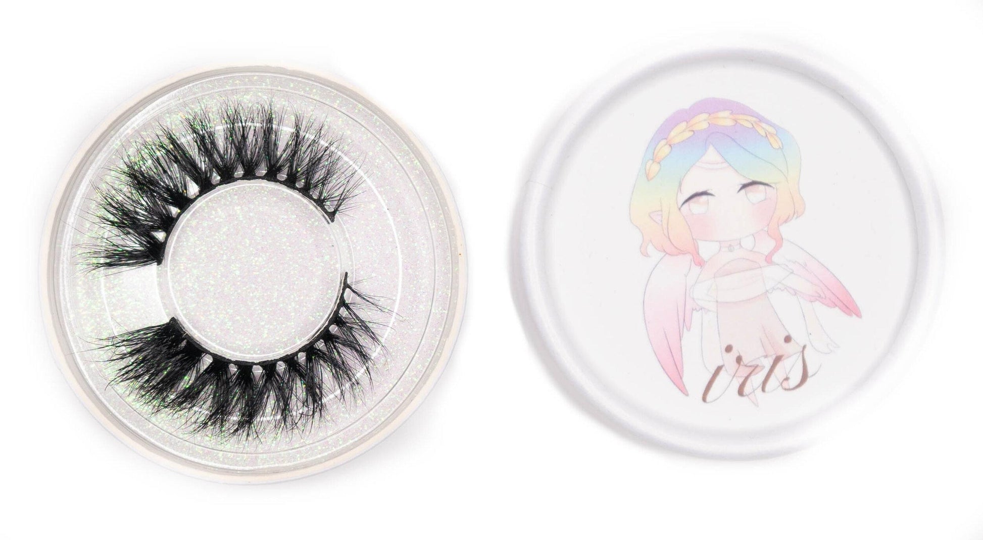 Iris false eyelashes in a clear round case beside the illustrated Iris product lid on a white background.
